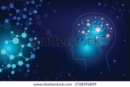 Futuristic glowing human brain inside head silhouette with neural connections and molecular network on dark blue background, concept of AI, neuroscience and innovation.