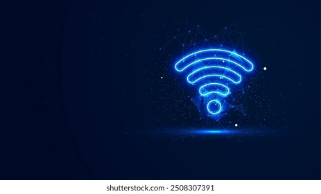 Símbolo futurista de la red de Internet brillante con líneas de plexo y partículas de brillo. Ilustración de señal fuerte en el estilo de luz de neón azul. Espacio de copia de poli bajo abstracto 3D en el fondo oscuro