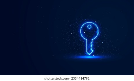 A futuristic glowing key symbol with plexus lines and glitter particles. A key in the neon light style. The concept of success. Digital technology background