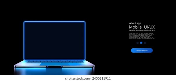 Futuristic Glowing Laptop Concept with Neon Blue Lights on Dark Background for High-Tech Computing. A portable neon computer with a blank screen and a desk in a dark room with blue lighting. Vector