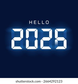 Pantalla led brillante futurista con números 2026 y palabra Hola sobre fondo azul oscuro. Tarjeta de felicitación festiva del año Nuevo, Anuncio de vacaciones o diseño de cuenta regresiva de celebración.
