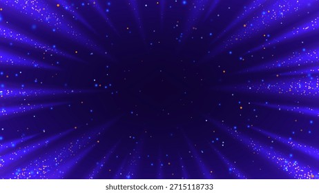 Raios de luz brilhantes futuristas e fundo de partículas. Conceito de teleporte ou viagem no tempo. Efeito de salto de hipervelocidade com partículas coloridas brilhantes. Explosão fantástica. Ilustração vetorial.