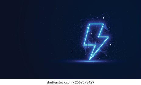 Futuristic glowing lightning bolt with plexus lines and glitter particles. The thunderbolt in the neon light style. Digital technology background
