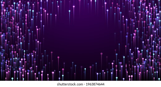 Futuristic glowing line beams fiber optics concept. Tech neon purple glow particles. Business lines movement innovative design. Fiber optics complex backdrop.