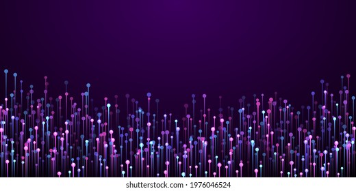 Futuristic glowing line streams speed motion vector. Geometric neon purple spark elements. Social science lines shift up innovative wallpaper. Speed motion advanced backdrop.