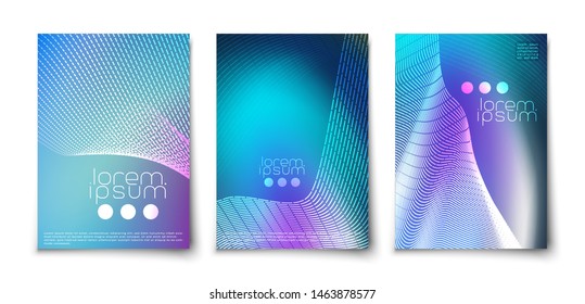 Futuristic glowing lines abstract backgrounds cover templates set. Northen glow. Neon. Geometric blend elements.