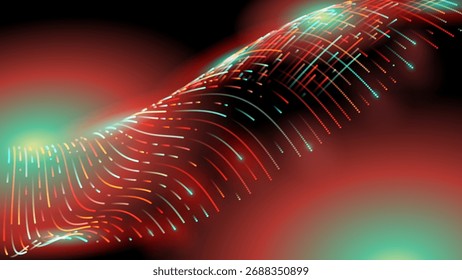 Líneas brillantes futuristas que fluyen sobre fondo rojo y negro Abstractas, ideales para temas de tecnología, datos y ciencia ficción. Ilustración vectorial dinámica de rayas de luz.