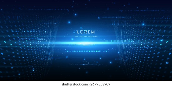 Futuristic glowing lines neon blue light ray on dark blue background with dot pattern digital element. Vector illustration