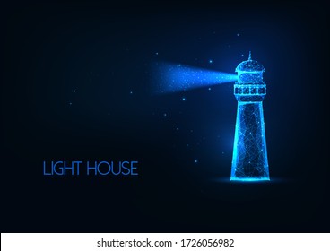 Futuristic glowing lo polygonal lighting house with light beam isolated on dark blue background. Modern wire frame mesh design vector illustration. 
