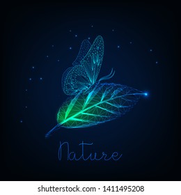 Futuristic glowing low poly butterfly sitting on green leaf and text nature on dark blue background. Modern wireframe design vector illustration.