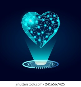 Futuristic glowing low poly heart on dark background. Precious love, values concept. Valentines Day banner.