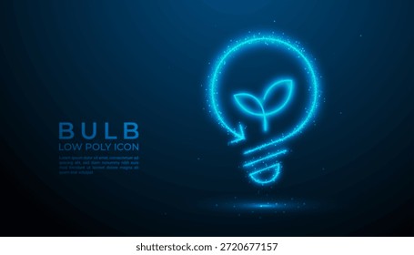 Futuristisch leuchtende Low-Poly-Glühbirnen-Illustration aus blauen digitalen Polygonen und Partikelverbindungen auf dunklem Hintergrund, die Innovation, Kreativität und moderne Technologiekonzepte symbolisieren.