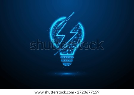 Futuristic glowing low poly light bulb illustration made of blue digital polygons and particle connections on a dark background, symbolizing innovation, creativity, and modern technology concepts.
