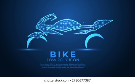 Futuristisch glühende Low-Poly-Motorrad-Illustration aus blauen digitalen Polygonen und verbundenen Punkten auf dunklem Hintergrund, moderne Cyber-Bike-Technologie Konzept Grafikdesign.