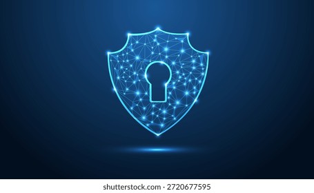 Símbolo futurista de bloqueio poli baixo brilhante representando segurança cibernética e proteção de dados, criado com polígonos digitais azuis e nós conectados em um fundo tecnológico escuro.