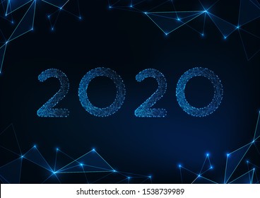 Futurista barnizado poligonal 2020 Carta de bienvenida de Año Nuevo sobre estructura científica abstracta fondo azul oscuro. Ilustración vectorial de diseño de malla de marco moderno.