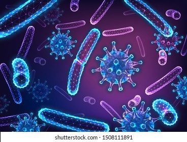 Futuristisch leuchtend Low-Polygonal-abstrakter Hintergrund mit Bakterien aus Bakterien und Grippeviruszellen unter Mikroskop auf dunkelblau und violett. Epidemie-Konzept. Wireframe Design Vektorillustration Illustration.
