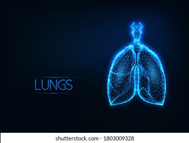 Futuristic glowing low polygonal anatomical lungs hologram on dark blue background. Medical diagnostic technologies. Modern wireframe mesh design vector illustration.
