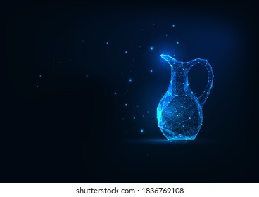 Futuristic glowing low polygonal ancient jug isymbol solated on dark blue background. Clay pottery arts concept. Modern wireframe mesh design vector illustration.