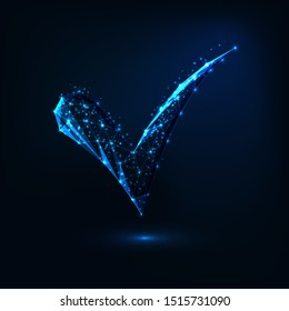 Futuristic glowing low polygonal approved sign made of lines, dots, stars, triangles isolated on dark blue background. Check mark, confirmation, yes tick. Modern wireframe design vector illustration. 