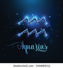 Futurista brillante bajo concepto de señalización poligonal Aquarius zodiac sobre fondo azul oscuro.