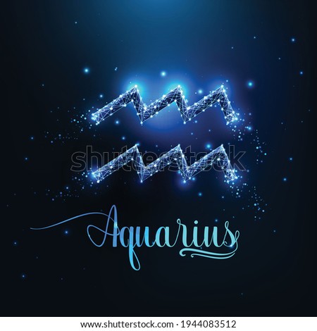 Futuristic glowing low polygonal Aquarius zodiac sign concept on dark blue background.