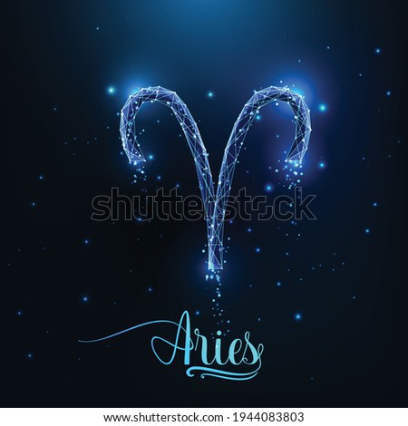 Futuristic glowing low polygonal Aries zodiac sign concept on dark blue background.