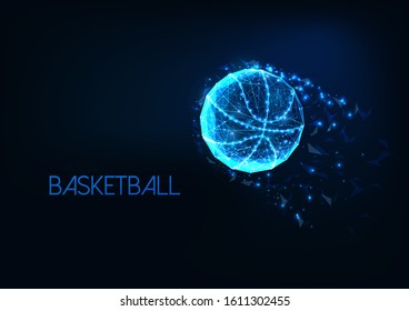 Futuristic glowing low polygonal basketball ball in motion isolated on dark blue background. Modern wire frame mesh design vector illustration.