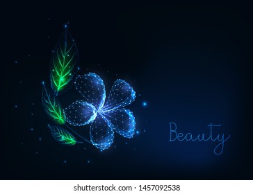 Futuristic glowing low polygonal beautiful plumeria flower with green leaves and text beauty on dark blue background. Magical fantasy decorative flora web banner. Modern design vector illustration. 