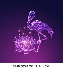 Futuristic glowing low polygonal beautiful standing flamingo and lotus flower isolated on dark blue to purple background. Modern wire frame mesh design vector illustration.