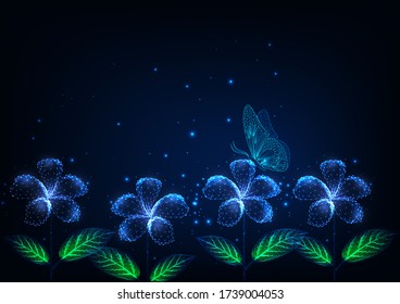 Futuristic glowing low polygonal beautiful flowers and butterfly at night landscape on dark blue background. Modern wire frame mesh design vector illustration.