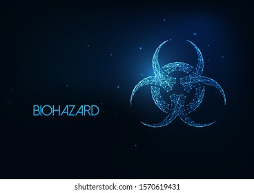 Futuristic glowing low polygonal biohazard symbol made of lines, dots, stars, light particles isolated on dark blue background. modern wire frame mesh design vector illustration