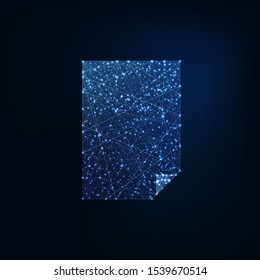 Futuristic glowing low polygonal blank office a4 paper sheet made of lines, stars, light particles isolated on dark blue background. Modern wire frame mesh design vector illustration.