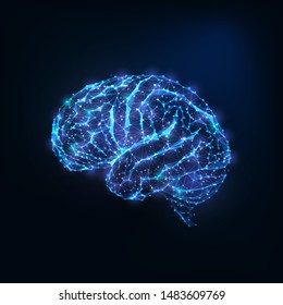 Futuristic glowing low polygonal brain mad of connected lines, stars, dots, triangles isolated on dark blue background. Neurology research, artificial intelligence concept. Vector illustration.