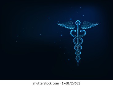 Futuristic glowing low polygonal Caduceus medical symbol  with wings, rod and snakes isolated on dark blue background. Modern wire frame mesh design vector illustration.