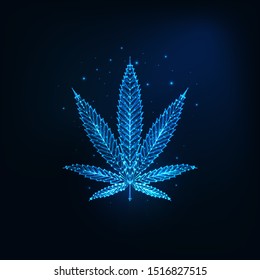 Futuristic glowing low polygonal cannabis leaf made of lines, dots, stars, triangles, light spots isolated on dark blue background. Modern wire frame design vector illustration. 