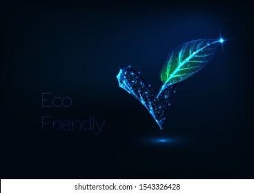 Futuristic glowing low polygonal check mark with green leaf isolated on dark blue background. Eco friendly, plant based, organic concept. Modern wire frame mesh design vector illustration. 