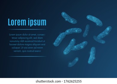 Futuristic glowing low polygonal coli bacteria made of stars, lines, dots, triangles isolated on dark blue background. Biotechnology, microbiology and medical concept. Modern wireframe vector