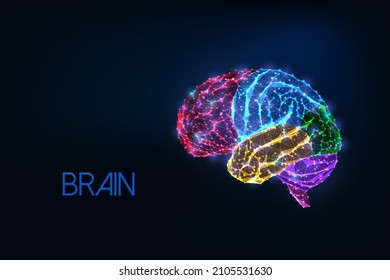 Futuristic Glowing Low Polygonal Colorful Human Brain With Emphasized Parts Isolated On Dark Blue