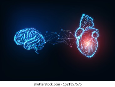 Futuristic glowing low polygonal connected  human organs brain and heart on dark blue background. Emotions and intellect balance and harmony concept. Modern wire frame design vector illustration.