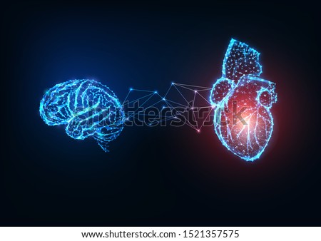 Futuristic glowing low polygonal connected  human organs brain and heart on dark blue background. Emotions and intellect balance and harmony concept. Modern wire frame design vector illustration.