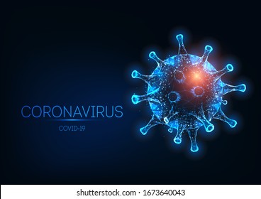 Futuristic glowing low polygonal Coronavirus covid-19 cell isolated on dark blue background. Viral infection outbreak, pandemic warning concept. Modern wire frame mesh design vector illustration.