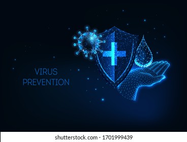 Futuristic with glowing low polygonal coronavirus covid-19 infectious disease protection by washing or sanitizing hands on dark blue background. Modern wire frame mesh design vector image.