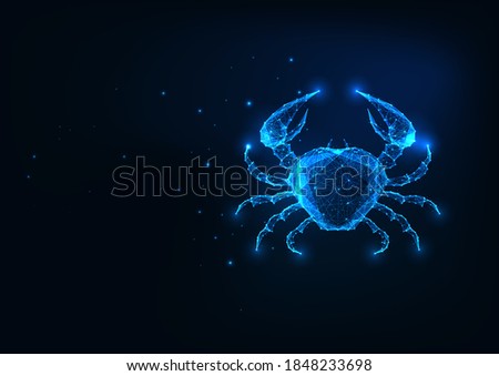 Futuristic glowing low polygonal crab isolated on dark blue background. Seafood or astrological symbol cancer. Modern wireframe mesh design vector illustration.