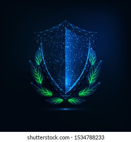 Futuristic glowing low polygonal crest shield with green Laurel wreath isolated on dark blue background. Modern wire frame mesh design vector illustration.