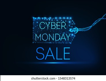 Futuristic glowing low polygonal cyber Monday concept with price tag and text on dark blue background. Modern wire frame mesh design vector illustration.