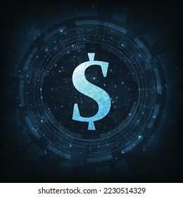 Futuristische leuchtende Low-Polygonal-Dollar-Symbol Design. Digital-Dollar-Zeichen Symbol. Financial Technology Concept oder FinTech auf dunkelblauem Hintergrund.
