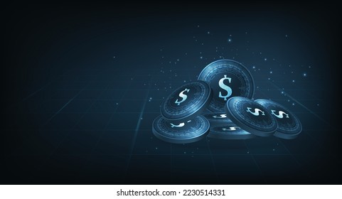Futuristic glowing low polygonal dollar coin design.Digital dollar sign icon. Financial Technology Concept or FinTech on dark blue technology background.