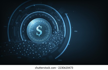 Futuristic glowing low polygonal dollar coin.Digital dollar sign icon.Financial Internet Technology Concept or FinTech on dark blue technology background.