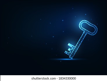 Futuristic glowing low polygonal door key isolated on dark blue background. Modern wireframe mesh design vector illustration.